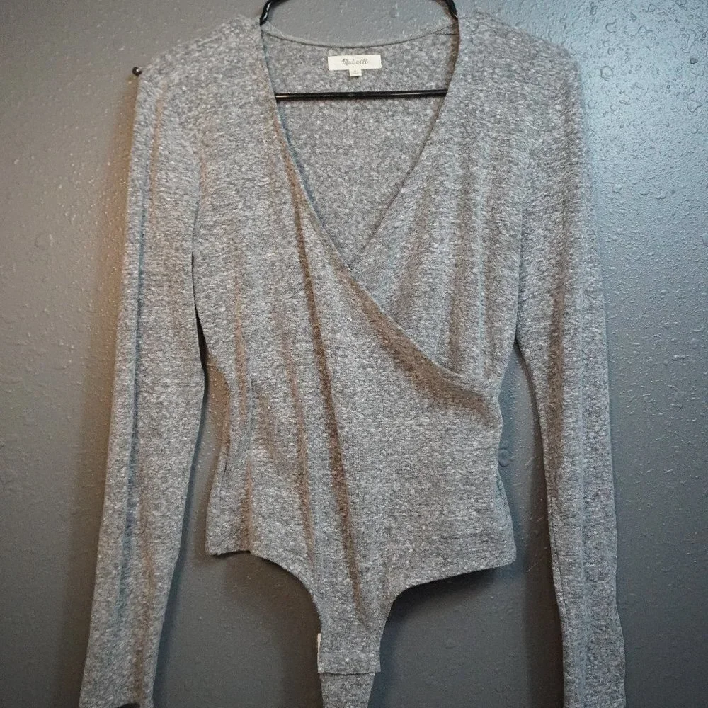 Madewell Women Heather Grey Wrap Thong V Neck Long Sleeve Bodysuit Size Medium - Picture 2 of 9